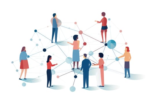 Networking building relationships cartoon illustration - AI generated. Network, colorful, spheres, people.