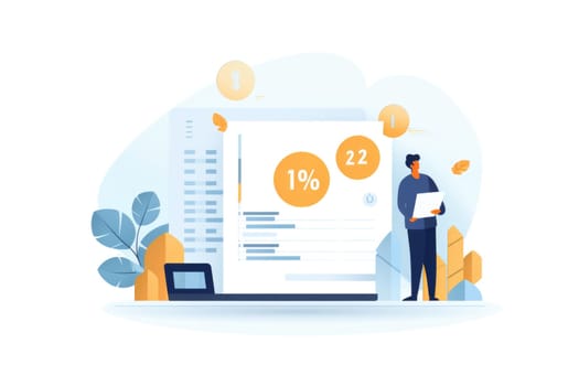 PL statement cartoon illustration - AI generated. Graph, board, man, woman, keyboard.