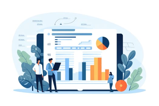 PL statement cartoon illustration - AI generated. Graph, board, man, woman, keyboard.