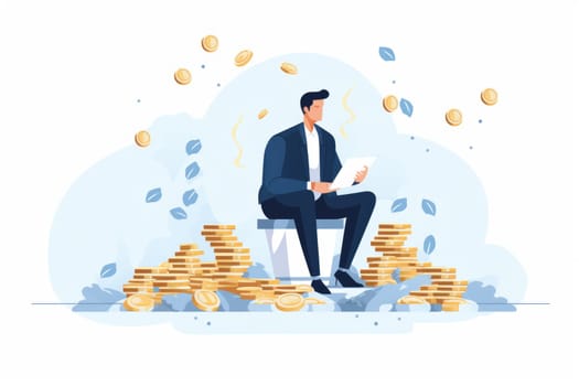 Revenue the total amount of money cartoon illustration - AI generated. Businessman, sitting, suit, coin.