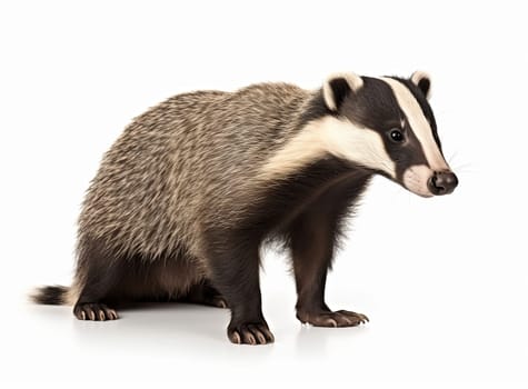 A photo-realistic image of a badger walking on all fours against a white background
