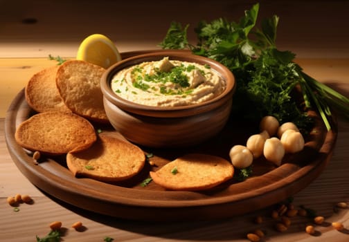 Close-up of hummus in a clay plate with parsley and croutons. Dishes of chickpeas on wooden board. Vegetarian healthy dish