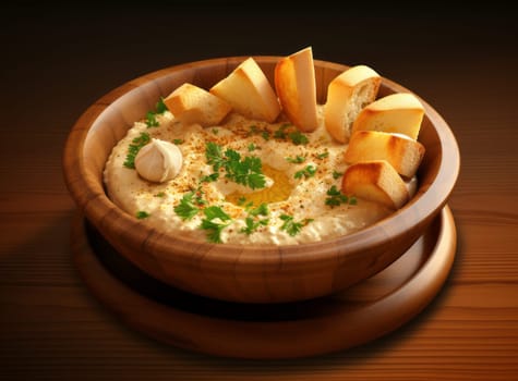 Close-up of hummus in a clay plate with parsley and croutons. Dishes of chickpeas on wooden board. Vegetarian healthy dish
