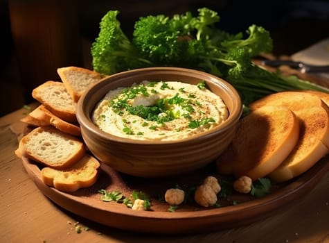Close-up of hummus in a clay plate with parsley and croutons. Dishes of chickpeas on wooden board. Vegetarian healthy dish