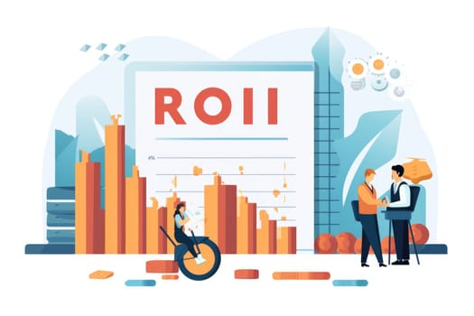 ROI cartoon illustration - AI generated. Chart, people, list, document.