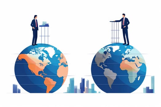 SME cartoon illustration - AI generated. World, map, continent, businessman.