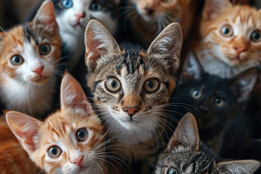Many cats look at the camera with hungry eyes. Animal help concept.