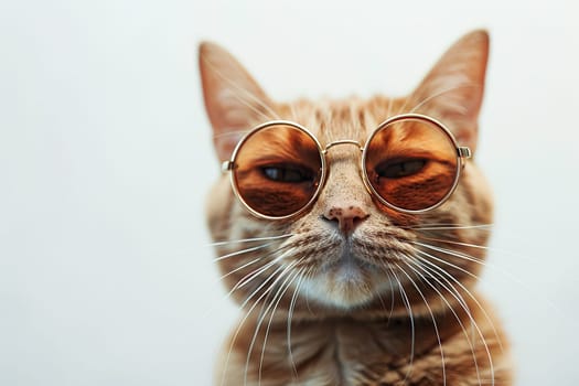 Portrait of a funny red cat in sunglasses on a white background.