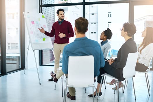 Presentation, business people and whiteboard in office for brainstorming, meeting and planning project. Collaboration, diversity and staff for sales, ideas or teamwork at startup with lens flare.