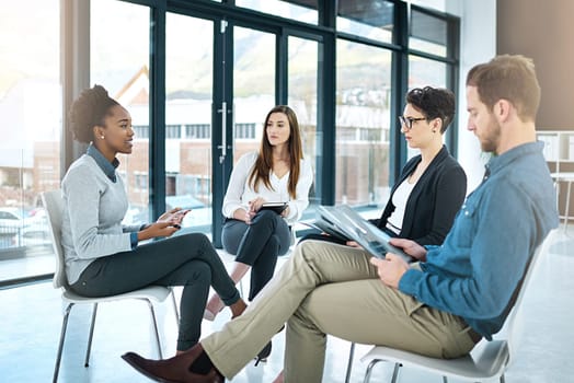 Office, meeting and team for discussion, planning and erp notes with tablet for report. Man, woman and debate for small business, teamwork and collaboration for partnership or b2b project feedback.