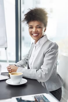 Portrait, business and black woman with coffee, accountant and financial advisor with smile and economist analyst. African person, professional and broker with startup and corporate with morning tea.