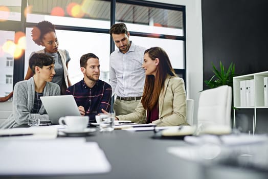 Team work, conversation and meeting with office desk, collaboration and laptop or brainstorming for online project. Employee, working together and research on tech for info, coworking and company.