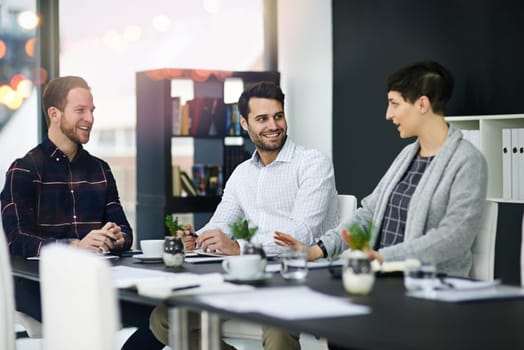 Team work, conversation and meeting with office desk, collaboration and company project. Employee, together and discussion for information, coworking and professional people for brainstorming idea.