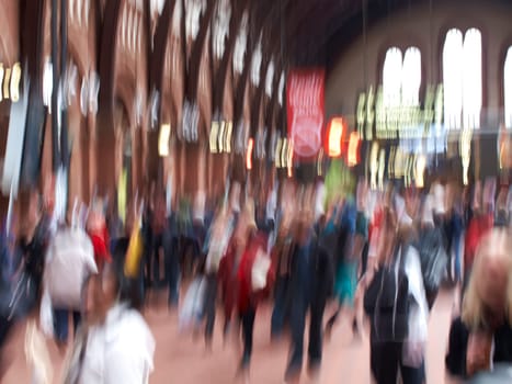 People, walking and museum with motion blur of busy mall, building or commute in city. Group, community or crowd of population moving in town square, urban or public area for travel or landmark.