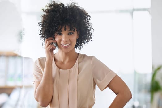 Black woman, portrait and phone call in office for communication, deal negotiation and audio consultation with client. Female consultant, discussion and mobile in workplace for talking and confidence.