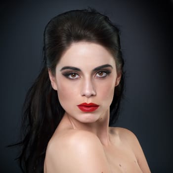 Makeup, red lipstick and portrait of woman on black background for skincare, wellness and glamour. Cosmetology, aesthetic and face of confident person with beauty, cosmetics and salon in studio.