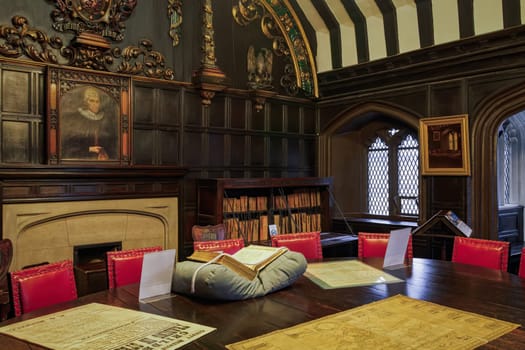 Manchester, UK - February 20 2020: Chetham 1653 medieval public library interior.