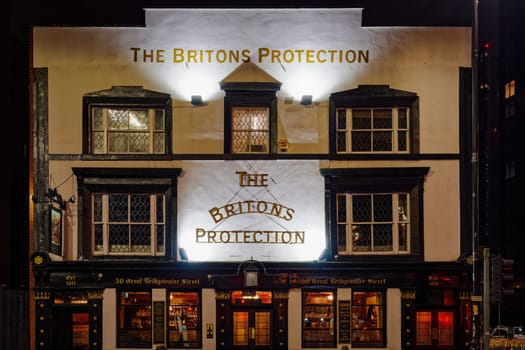Manchester, UK - February 20 2020: The Britons Protection traditional English Ale and Whiskey pub facade.