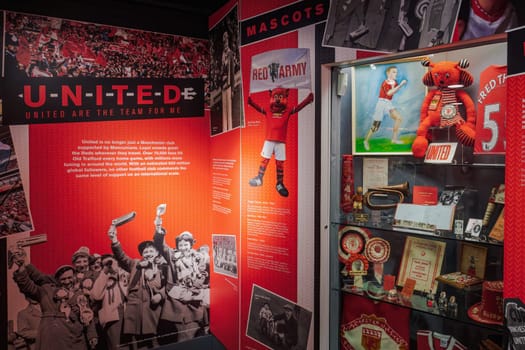 Manchester, UK - February 20 2020: Manchester United football team museum historic exhibits inside Old Trafford stadium.
