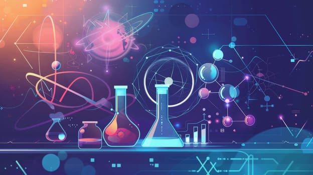 A colorful image of a lab with various scientific equipment and chemicals.