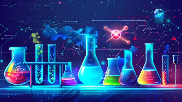 A colorful image of various chemistry lab equipment, including beakers, flasks, and test tubes. Concept of creativity and scientific exploration