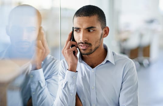Man, thinking and worry in office with phone call to client and stress for news, info or feedback. Businessman, planning and chat to contact with anxiety for problem solving decision or choice.