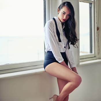 Undressing, woman and thinking with classic, dress shirt and formal fashion in the morning in cabaret studio. Idea, home and window with dance costume and elegant style with high heels and shoes.