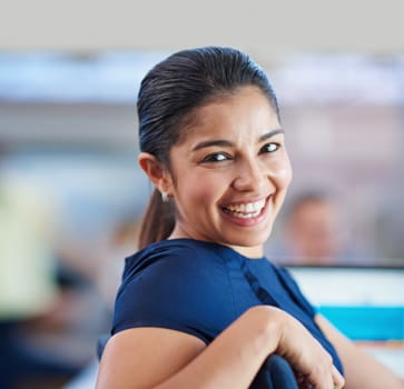 Smile, confident and portrait of business woman with laptop in office for online finance research. Happy, pride and face of female financial advisor with computer for corporate budget planning