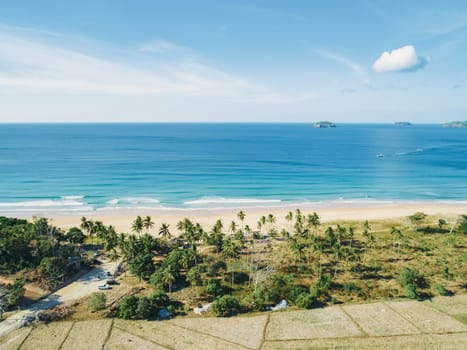 Aerial view of tropical sandy beach in bay with blue water. Seascape with sea, sand, palm trees. Top view of paradise island.