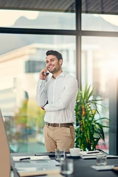 Phone call, smile and businessman in office for communication with corporate b2b deal for startup. Happy, talking and professional male lawyer on mobile discussion for policy review in workplace