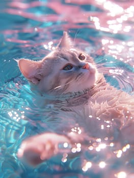 A Felidae organism with electric blue fur is swimming underwater in a pool of water. Its whiskers and snout are visible, showcasing its adaptation from terrestrial to aquatic carnivore behavior