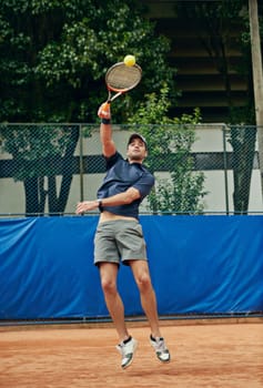 Man, racket and play in outdoor tennis match, game and court for competition or practice. Male person, athlete and sports for training or exercise, workout and hobby for action and health fitness.