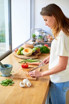 Vegan, home and woman with vegetables, cutting and food with healthy meal, hobby and nutrition. Organic ingredients, vegetarian and person in kitchen, wellness and chef with skills, cooking and diet.