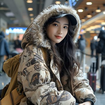 A woman in military camouflage, wearing a hooded jacket with fur trim and a hat. Her black hair peeks out from under the hood, creating a cool and stylish fashion design