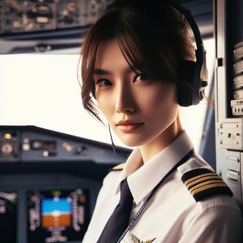 Close-up portrait of a female pilot in the cockpit of an airplane. Beautiful asian woman from the side