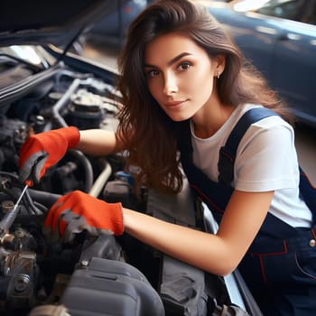 Young cute woman in a blue jumpsuit and orange gloves working on a car engine