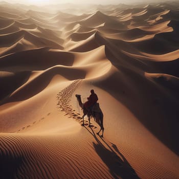 Bedouin riding a camel through the desert. Conceptual high angle image shows the vastness of the desert and the smallness of the person and animal