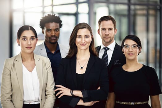 Business people, portrait and group with teamwork, diversity and cooperation with corporate professional. Legal aid, attorney and lawyer in modern office, confidence and collaboration with support.