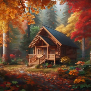 Illustration of a cozy log cabin in the woods during autumn, surrounded by colorful trees and foliage