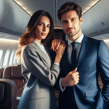 A romantic scene of a businessman and businesswoman in a luxurious airplane cabin