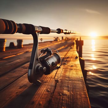 A serene photo of a fishing rod on a wooden pier at sunset, with the sun setting over the horizon and an orange-yellow sky