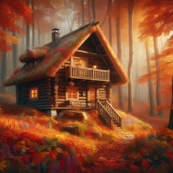 Illustration of a fairy house. Cozy log cabin in the woods during autumn, surrounded by colorful foliage and trees with a misty background