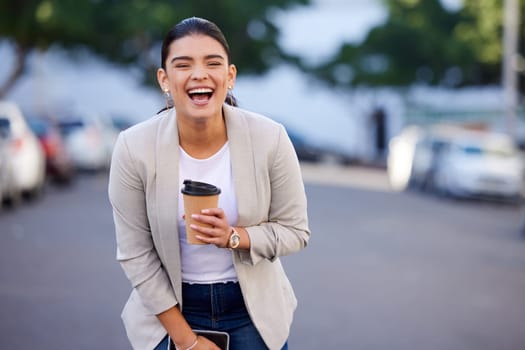 Businesswoman, laugh and smile in portrait with smartphone on lunch break with coffee for relax in street. Joy, comic and relief from job or work with positive, happiness and confidence with pride.