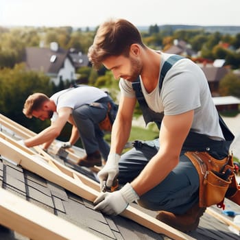 Two construction workers installing shingles on a roof, wearing tool belts and gloves, working on a sunny day