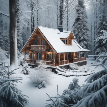 A beautiful wooden cabin in the woods covered in snow, surrounded by tall trees under a light blue sky