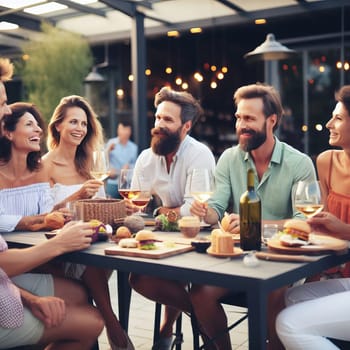 Group of friends enjoying a meal and drinks on a patio of a cozy cafe during the summer season