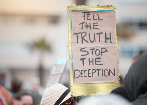 Protesters, sign and political or demonstration with board, slogan and beliefs for fight against society views on people. Poster, human rights and activism for government, justice and rally