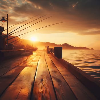 A wooden pier with fishing rods, set against a calm body of water and mountains at sunset