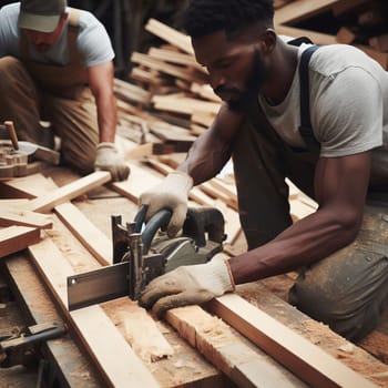 Black man skillfully working with wood in a workshop, using a hand-held power tool. Afro american woodwright