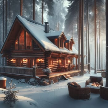 A cozy log cabin in the woods with warm lights and snow-covered trees